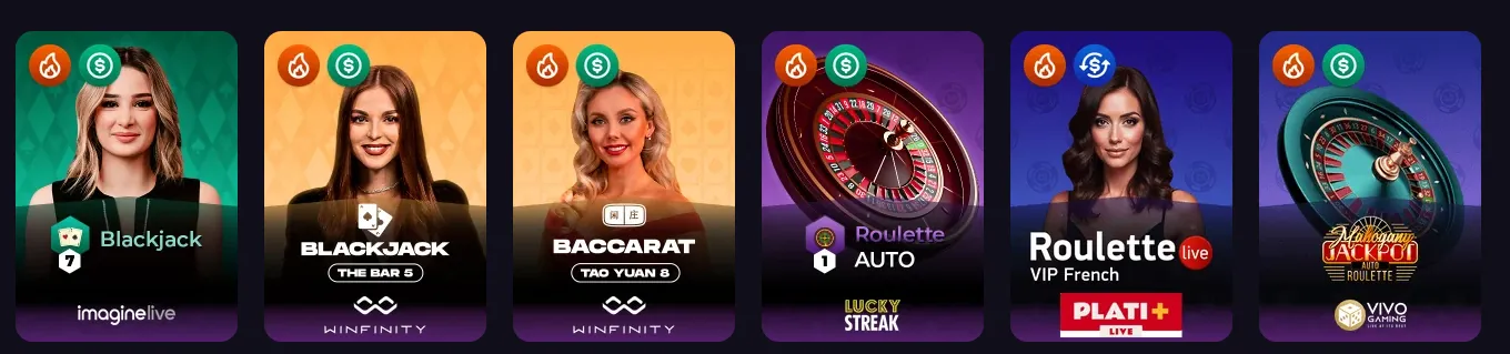 Live casino games at WinSpirit - Blackjack, Baccarat, Roulette with professional dealers