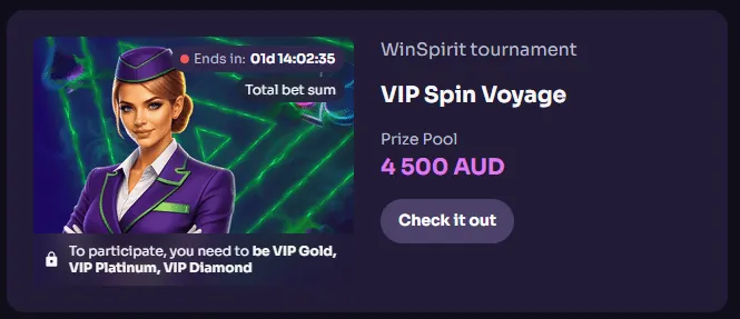 VIP Spin Voyage tournament at WinSpirit — 4,500 AUD