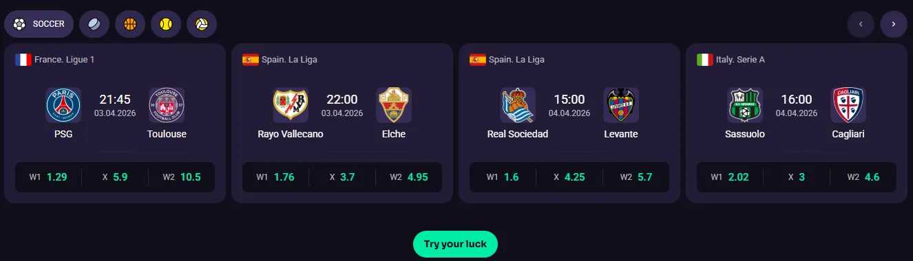 Featured sports matches with odds at WinSpirit